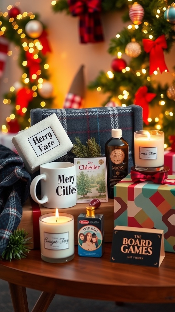 A festive arrangement of Christmas gifts including a mug, blanket, candles, board game, and gift card.